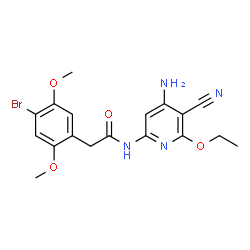 ChemSpider 2D Image | N-(4-Amino-5-cyano-6-ethoxy-2-pyridinyl)-2-(4-bromo-2,5-dimethoxyphenyl)acetamide | C18H19BrN4O4