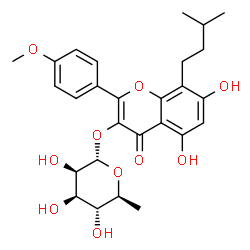 ChemSpider 2D Image | 5,7-Dihydroxy-2-(4-methoxyphenyl)-8-(3-methylbutyl)-4-oxo-4H-chromen-3-yl 6-deoxy-alpha-L-mannopyranoside | C27H32O10