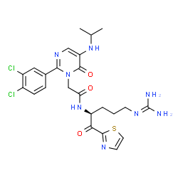 ChemSpider 2D Image | 2-(2-(3,4-DICHLOROPHENYL)-5-(ISOPROPYLAMINO)-6-OXOPYRIMIDIN-1(6H)-YL)-N-((S)-1-OXO-1-(THIAZOL-2-YL)-5-GUANIDINOPENTAN-2-YL)ACETAMIDE | C24H28Cl2N8O3S