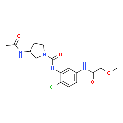ChemSpider 2D Image | 3-Acetamido-N-{2-chloro-5-[(methoxyacetyl)amino]phenyl}-1-pyrrolidinecarboxamide | C16H21ClN4O4