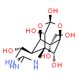ChemSpider 2D Image | (1R,5R,6R,7R,9S,11S,12R,13S,14S)-3-Amino-14-(hydroxymethyl)-8,10-dioxa-2,4-diazatetracyclo[7.3.1.1~7,11~.0~1,6~]tetradec-2-ene-5,9,12,13,14-pentol | C11H17N3O8