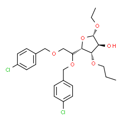 ChemSpider 2D Image | Ethyl 5,6-bis-O-(4-chlorobenzyl)-3-O-propyl-alpha-D-idofuranoside | C25H32Cl2O6