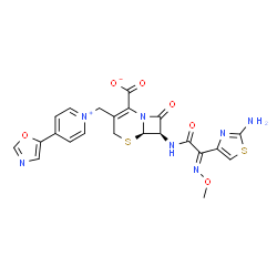 ChemSpider 2D Image | (6R,7R)-7-{[(2E)-2-(2-Amino-1,3-thiazol-4-yl)-2-(methoxyimino)acetyl]amino}-3-{[4-(1,3-oxazol-5-yl)-1-pyridiniumyl]methyl}-8-oxo-5-thia-1-azabicyclo[4.2.0]oct-2-ene-2-carboxylate | C22H19N7O6S2