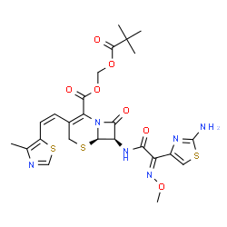 ChemSpider 2D Image | [(2,2-Dimethylpropanoyl)oxy]methyl (6R,7R)-7-{[(2E)-2-(2-amino-1,3-thiazol-4-yl)-2-(methoxyimino)acetyl]amino}-3-[(Z)-2-(4-methyl-1,3-thiazol-5-yl)vinyl]-8-oxo-5-thia-1-azabicyclo[4.2.0]oct-2-ene-2-ca
rboxylate | C25H28N6O7S3
