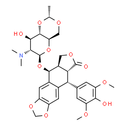 ChemSpider 2D Image | (5S,5aR,8aR,9R)-9-(4-Hydroxy-3,5-dimethoxyphenyl)-8-oxo-5,5a,6,8,8a,9-hexahydrofuro[3',4':6,7]naphtho[2,3-d][1,3]dioxol-5-yl 2-deoxy-2-(dimethylamino)-4,6-O-[(1R)-ethylidene]-beta-D-glucopyranoside | C31H37NO12