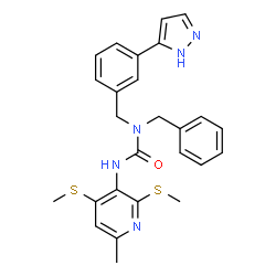 ChemSpider 2D Image | 1-Benzyl-3-[6-methyl-2,4-bis(methylsulfanyl)-3-pyridinyl]-1-[3-(1H-pyrazol-5-yl)benzyl]urea | C26H27N5OS2