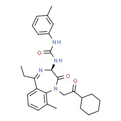 ChemSpider 2D Image | 1-[(3R)-1-(2-Cyclohexyl-2-oxoethyl)-5-ethyl-9-methyl-2-oxo-2,3-dihydro-1H-1,4-benzodiazepin-3-yl]-3-(3-methylphenyl)urea | C28H34N4O3