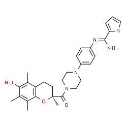 ChemSpider 2D Image | N'-[4-(4-{[(2S)-6-Hydroxy-2,5,7,8-tetramethyl-3,4-dihydro-2H-chromen-2-yl]carbonyl}-1-piperazinyl)phenyl]-2-thiophenecarboximidamide | C29H34N4O3S