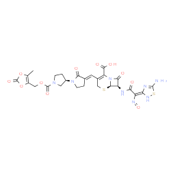 ChemSpider 2D Image | (6R,7R)-7-{[(2Z)-2-(5-Amino-1,2,4-thiadiazol-3(2H)-ylidene)-2-nitrosoacetyl]amino}-3-{(E)-[(3'R)-1'-{[(5-methyl-2-oxo-1,3-dioxol-4-yl)methoxy]carbonyl}-2-oxo-1,3'-bipyrrolidin-3-ylidene]methyl}-8-oxo-
5-thia-1-azabicyclo[4.2.0]oct-2-ene-2-carboxylic acid | C26H26N8O11S2