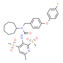 ChemSpider 2D Image | 1-Cycloheptyl-1-[4-(4-fluorophenoxy)benzyl]-3-[6-methyl-2,4-bis(methylsulfonyl)-3-pyridinyl]urea | C29H34FN3O6S2