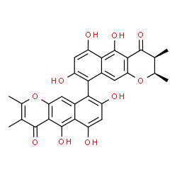 ChemSpider 2D Image | (2R,3S)-5,5',6,6',8,8'-Hexahydroxy-2,2',3,3'-tetramethyl-2,3-dihydro-4H,4'H-9,9'-bibenzo[g]chromene-4,4'-dione | C30H24O10
