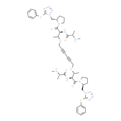 ChemSpider 2D Image | 1,1'-{2,4-Hexadiyne-1,6-diylbis[oxy{(2S,3R)-2-[(N-methyl-L-alanyl)amino]-1-oxo-3,1-butanediyl}(2S)-1,2-pyrrolidinediylmethylene]}bis[5-(phenylsulfanyl)-1H-tetrazole] | C46H60N14O6S2