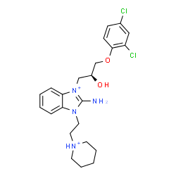 ChemSpider 2D Image | 2-Amino-3-[(2S)-3-(2,4-dichlorophenoxy)-2-hydroxypropyl]-1-[2-(1-piperidiniumyl)ethyl]-1H-3,1-benzimidazol-3-ium | C23H30Cl2N4O2
