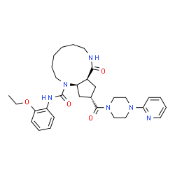 ChemSpider 2D Image | (9aS,11S,12aR)-N-(2-Ethoxyphenyl)-9-oxo-11-{[4-(2-pyridinyl)-1-piperazinyl]carbonyl}dodecahydrocyclopenta[b][1,5]diazacycloundecine-1(2H)-carboxamide | C31H42N6O4