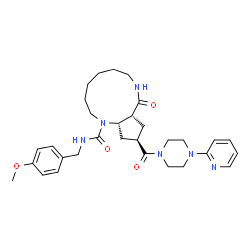 ChemSpider 2D Image | (9aR,11R,12aS)-N-(4-Methoxybenzyl)-9-oxo-11-{[4-(2-pyridinyl)-1-piperazinyl]carbonyl}dodecahydrocyclopenta[b][1,5]diazacycloundecine-1(2H)-carboxamide | C31H42N6O4