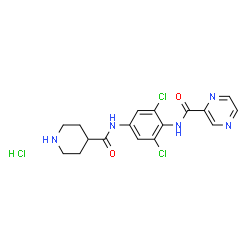 ChemSpider 2D Image | N-{2,6-Dichloro-4-[(4-piperidinylcarbonyl)amino]phenyl}-2-pyrazinecarboxamide hydrochloride (1:1) | C17H18Cl3N5O2