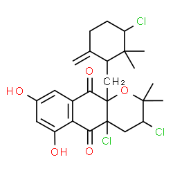 ChemSpider 2D Image | 3,4a-Dichloro-10a-[(3-chloro-2,2-dimethyl-6-methylenecyclohexyl)methyl]-6,8-dihydroxy-2,2-dimethyl-3,4,4a,10a-tetrahydro-2H-benzo[g]chromene-5,10-dione | C25H29Cl3O5
