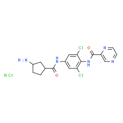 ChemSpider 2D Image | N-(4-{[(3-Aminocyclopentyl)carbonyl]amino}-2,6-dichlorophenyl)-2-pyrazinecarboxamide hydrochloride (1:1) | C17H18Cl3N5O2