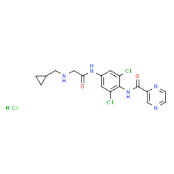 ChemSpider 2D Image | N-(2,6-Dichloro-4-{[N-(cyclopropylmethyl)glycyl]amino}phenyl)-2-pyrazinecarboxamide hydrochloride (1:1) | C17H18Cl3N5O2
