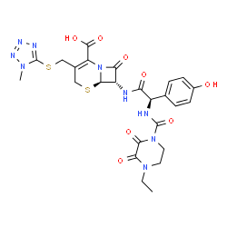 ChemSpider 2D Image | (6R,7S)-7-[[(2R)-2-[[(4-ethyl-2,3-dioxo-1-piperazinyl)-oxomethyl]amino]-2-(4-hydroxyphenyl)-1-oxoethyl]amino]-3-[[(1-methyl-5-tetrazolyl)thio]methyl]-8-oxo-5-thia-1-azabicyclo[4.2.0]oct-2-ene-2-carboxylic acid | C25H27N9O8S2
