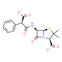 ChemSpider 2D Image | (2R,5R,6R)-6-{[(2R)-2-Carboxylato-2-phenylacetyl]amino}-3,3-dimethyl-7-oxo-4-thia-1-azabicyclo[3.2.0]heptane-2-carboxylate | C17H16N2O6S