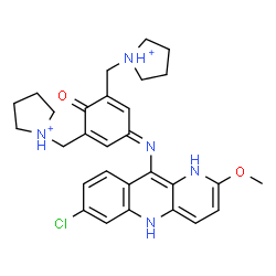 ChemSpider 2D Image | 1,1'-[{5-[(7-Chloro-2-methoxy-1,5-dihydrobenzo[b][1,5]naphthyridin-10-yl)imino]-2-oxo-3,6-cyclohexadiene-1,3-diyl}bis(methylene)]dipyrrolidinium | C29H34ClN5O2