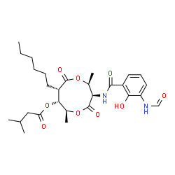 ChemSpider 2D Image | (2S,3R,6S,7R,8S)-3-[(3-Formamido-2-hydroxybenzoyl)amino]-8-hexyl-2,6-dimethyl-4,9-dioxo-1,5-dioxonan-7-yl 3-methylbutanoate | C28H40N2O9