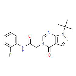 ChemSpider 2D Image | N-(2-Fluorophenyl)-2-[1-(2-methyl-2-propanyl)-4-oxo-1,4-dihydro-5H-pyrazolo[3,4-d]pyrimidin-5-yl]acetamide | C17H18FN5O2