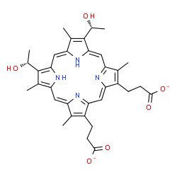ChemSpider 2D Image | 3,3'-{7,12-Bis[(1R)-1-hydroxyethyl]-3,8,13,17-tetramethyl-2,18-porphyrindiyl}dipropanoate | C34H36N4O6