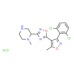 ChemSpider 2D Image | 2-{5-[3-(2,6-Dichlorophenyl)-5-methyl-1,2-oxazol-4-yl]-1,2,4-oxadiazol-3-yl}-1-methylpiperazine hydrochloride (1:1) | C17H18Cl3N5O2