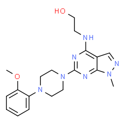 ChemSpider 2D Image | 2-({6-[4-(2-Methoxyphenyl)-1-piperazinyl]-1-methyl-1H-pyrazolo[3,4-d]pyrimidin-4-yl}amino)ethanol | C19H25N7O2