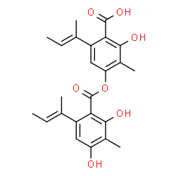 ChemSpider 2D Image | 6-[(2E)-2-Buten-2-yl]-4-({6-[(2E)-2-buten-2-yl]-2,4-dihydroxy-3-methylbenzoyl}oxy)-2-hydroxy-3-methylbenzoic acid | C24H26O7