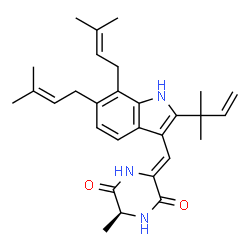 ChemSpider 2D Image | (3S,6Z)-3-Methyl-6-{[2-(2-methyl-3-buten-2-yl)-6,7-bis(3-methyl-2-buten-1-yl)-1H-indol-3-yl]methylene}-2,5-piperazinedione | C29H37N3O2