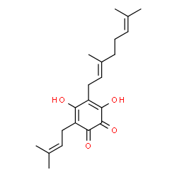 ChemSpider 2D Image | 4-[(2E)-3,7-Dimethyl-2,6-octadien-1-yl]-3,5-dihydroxy-6-(3-methyl-2-buten-1-yl)-1,2-benzoquinone | C21H28O4