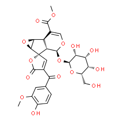 ChemSpider 2D Image | Methyl (1a'S,1b'R,2S,5'S,5a'S,6a'S)-4-(4-hydroxy-3-methoxybenzoyl)-5-oxo-5'-(alpha-L-talopyranosyloxy)-1a',5',5a',6a'-tetrahydro-1b'H,5H-spiro[furan-2,6'-oxireno[3,4]cyclopenta[1,2-c]pyran]-2'-carboxy
late | C27H28O15