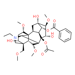 ChemSpider 2D Image | (1alpha,3alpha,6alpha,9alpha,10alpha,13alpha,14alpha,15alpha,16beta)-8-Acetoxy-20-ethyl-3,13,15-trihydroxy-1,6,16-trimethoxy-4-(methoxymethyl)aconitan-14-yl benzoate | C34H47NO11