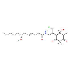ChemSpider 2D Image | (4E,7S)-N-{(2Z)-3-Chloro-2-[(1R,2R,3S)-2-hydroxy-2,3,5,5-tetramethyl-4,6-dioxocyclohexyl]-2-propen-1-yl}-7-methoxy-4-dodecenamide | C26H42ClNO5