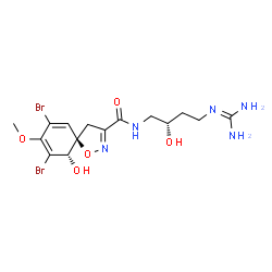ChemSpider 2D Image | (5R,10S)-7,9-Dibromo-N-{(2S)-4-[(diaminomethylene)amino]-2-hydroxybutyl}-10-hydroxy-8-methoxy-1-oxa-2-azaspiro[4.5]deca-2,6,8-triene-3-carboxamide | C15H21Br2N5O5