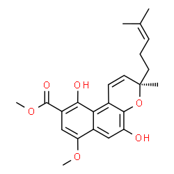 ChemSpider 2D Image | Methyl (3R)-5,10-dihydroxy-7-methoxy-3-methyl-3-(4-methyl-3-penten-1-yl)-3H-benzo[f]chromene-9-carboxylate | C23H26O6