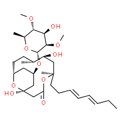 ChemSpider 2D Image | (1S,5R,7S,8R,11R,13R)-1,7-Dihydroxy-5,8-dimethyl-5-[(3E,5E)-3,5-octadien-1-yl]-3-oxo-4,15-dioxabicyclo[9.3.1]pentadec-13-yl 6-deoxy-2,4-di-O-methyl-alpha-L-mannopyranoside | C31H52O10