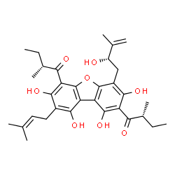 ChemSpider 2D Image | (2R,2'R)-1,1'-{1,3,7,9-Tetrahydroxy-4-[(2S)-2-hydroxy-3-methyl-3-buten-1-yl]-8-(3-methyl-2-buten-1-yl)dibenzo[b,d]furan-2,6-diyl}bis(2-methyl-1-butanone) | C32H40O8