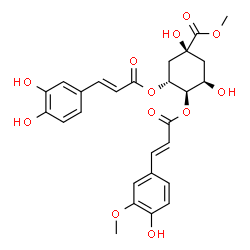 ChemSpider 2D Image | Methyl (1S,3R,4R,5R)-3-{[(2E)-3-(3,4-dihydroxyphenyl)-2-propenoyl]oxy}-1,5-dihydroxy-4-{[(2E)-3-(4-hydroxy-3-methoxyphenyl)-2-propenoyl]oxy}cyclohexanecarboxylate | C27H28O12