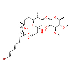 ChemSpider 2D Image | (1S,5R,7R,8R,11S,12R,13S)-5-[(3E,5E)-6-Bromo-3,5-hexadien-1-yl]-1,7-dihydroxy-5,8,12-trimethyl-3-oxo-4,15-dioxabicyclo[9.3.1]pentadec-13-yl 6-deoxy-3,4-di-O-methyl-alpha-L-mannopyranoside | C30H49BrO10