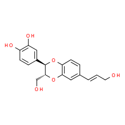 ChemSpider 2D Image | 1,2-benzenediol, 4-[(2R,3R)-2,3-dihydro-3-(hydroxymethyl)-6-[(1E)-3-hydroxy-1-propenyl]-1,4-benzodioxin-2-yl]- | C18H18O6