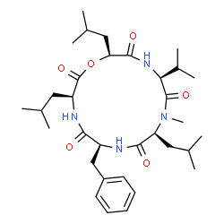 ChemSpider 2D Image | (3S,6S,9S,12S,15S)-6-Benzyl-3,9,15-triisobutyl-12-isopropyl-10-methyl-1-oxa-4,7,10,13-tetraazacyclopentadecane-2,5,8,11,14-pentone | C33H52N4O6