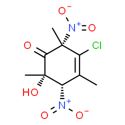 ChemSpider 2D Image | (2S,5S,6S)-3-Chloro-6-hydroxy-2,4,6-trimethyl-2,5-dinitro-3-cyclohexen-1-one | C9H11ClN2O6
