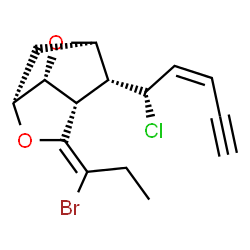 ChemSpider 2D Image | (1R,3R,5Z,6S,7R,9R)-5-(1-Bromopropylidene)-9-[(1S,2Z)-1-chloro-2-penten-4-yn-1-yl]-4,8-dioxatricyclo[4.2.1.0~3,7~]nonane | C15H16BrClO2