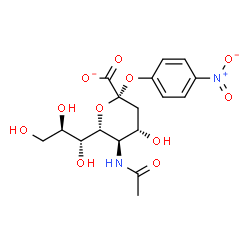 ChemSpider 2D Image | 4-Nitrophenyl (6R)-5-acetamido-3,5-dideoxy-6-[(1R,2R)-1,2,3-trihydroxypropyl]-beta-L-threo-hex-2-ulopyranosidonate | C17H21N2O11