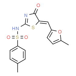 ChemSpider 2D Image | 4-Methyl-N-[5-(5-methyl-furan-2-ylmethylene)-4-oxo-thiazolidin-2-ylidene]-benzenesulfonamide | C16H14N2O4S2