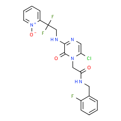 ChemSpider 2D Image | 2-[6-Chloro-3-{[2,2-difluoro-2-(1-oxido-2-pyridinyl)ethyl]amino}-2-oxo-1(2H)-pyrazinyl]-N-(2-fluorobenzyl)acetamide | C20H17ClF3N5O3